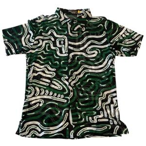 Suslo Couture 4 Way Stretch Green and Black Crazy Patterned Men's Shirt L NWOT